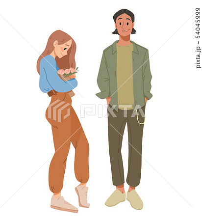 Man gives a woman a bouquet of flowers. 54045999