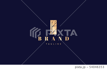 Vector logo with an abstract image of a tree cut out in a rectangle in gold color. 54046353