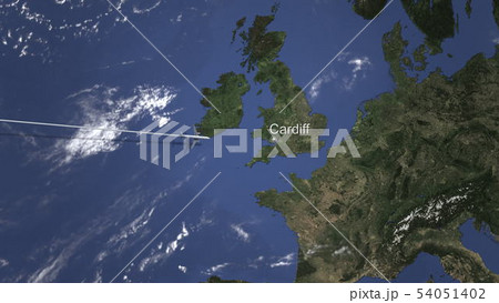 Plane arriving to Cardiff, United Kingdom from west, 3D rendering  54051402
