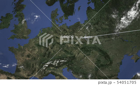 Route of a commercial plane flying to Leipzig, Germany on the map. 3D rendering  54051705