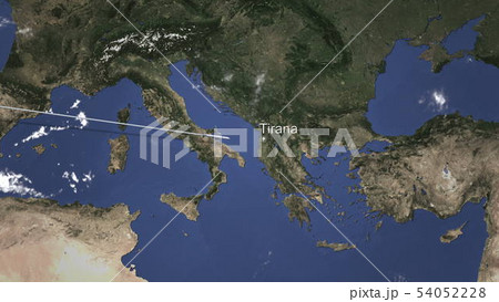 Airplane flying to Tirana, Albania from west. 3D rendering Airplane flying to Tirana, Albania from west. 3D rendering 54052228