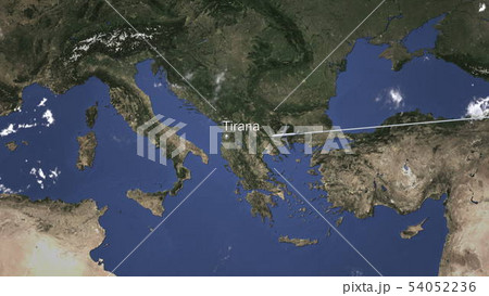 Airliner flying to Tirana, Albania from east. 3D rendering  Airliner flying to Tirana, Albania from east. 3D rendering  54052236