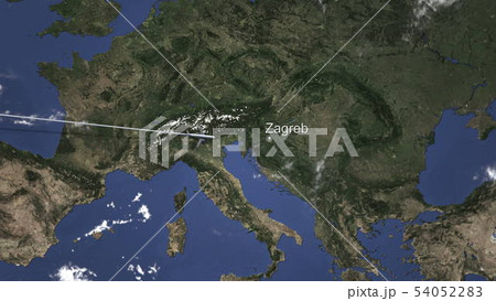 Route of a commercial plane flying to Zagreb, Croatia on the map. 3D rendering Route of a commercial plane flying to Zagreb, Croatia on the map. 3D rendering 54052283