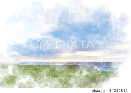 残波岬の夕暮れ　水彩画風 54052315