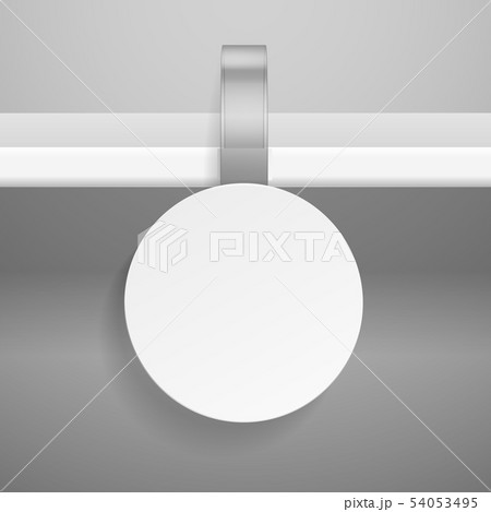 Wobbler on shelf. Round retail advertising priced hanging clear plastic sticker for store or 54053495