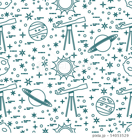 Seamless pattern Telescope, sun, planets, stars. 54053529