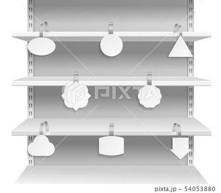 Wobbler shelves. Promotion advertising informing discount sale tags on supermarket shelf. Paper 54053880