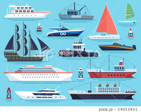 Maritime ships flat. Water carriage, vessels boats yacht ship battleship warship large vessel. Sea 54053931