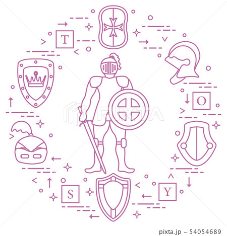 Knight, shields, swords, helmets, cubes Knight, shields, swords, helmets, cubes 54054689
