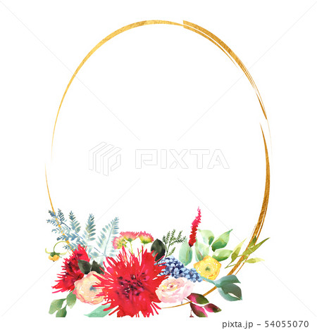 Bright Wedding bridal romanric frame wreath. Hand drawing watercolor red and purple and green 54055070