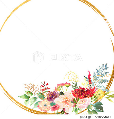 Bright Wedding bridal romanric frame wreath. Hand drawing watercolor red and purple and green 54055081