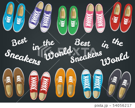 Sneakers top view. Shoes background. Sneakers and Slippers collection. Vector 54056217