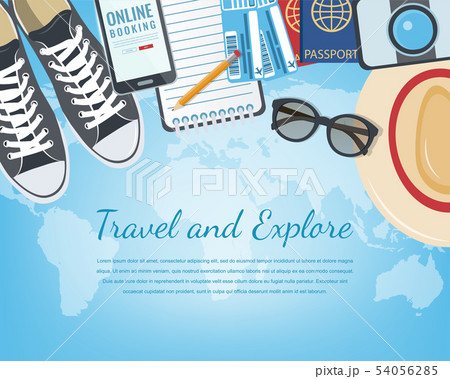 Travel the World background with items for travel. Travel and Tourism concept. Vector Travel the World background with items for travel. Travel and Tourism concept. Vector 54056285