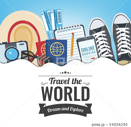 Travel the World background with items for travel. Travel and Tourism concept. Vector 54056295