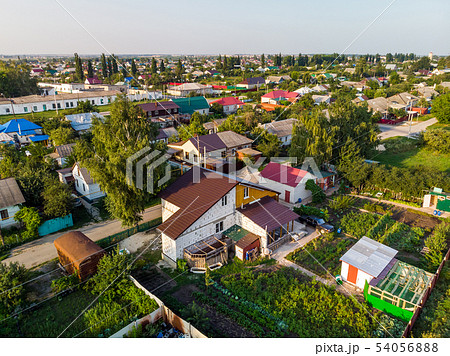 Top view of one-storey residential buildings in Gryazi town of Lipetsk region, Russia Top view of one-storey residential buildings in Gryazi town of Lipetsk region, Russia 54056888