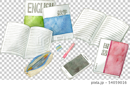 英語 数学 国語の教科書とノート 筆記用具のイラスト素材