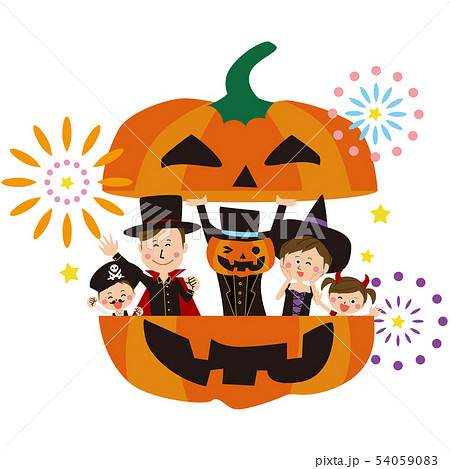 ポップな家族 ハロウィンの衣装を着てかぼちゃの中のイラスト素材