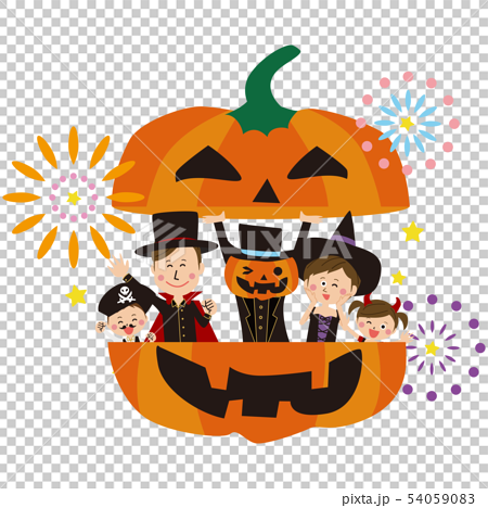 ポップな家族 ハロウィンの衣装を着てかぼちゃの中のイラスト素材