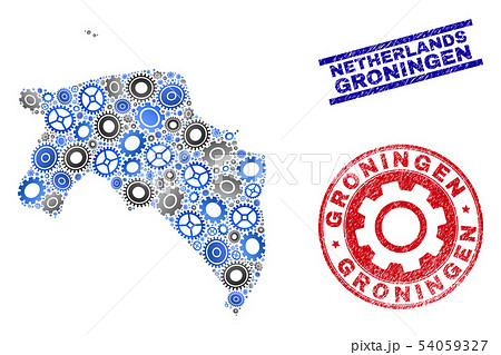 Gear Mosaic Vector Groningen Province Map and Grunge Stamps 54059327
