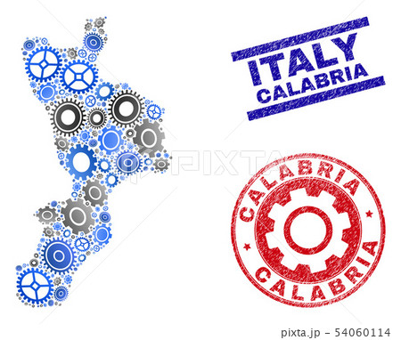 Cog Composition Vector Calabria Region Map and Grunge Stamps Cog Composition Vector Calabria Region Map and Grunge Stamps 54060114