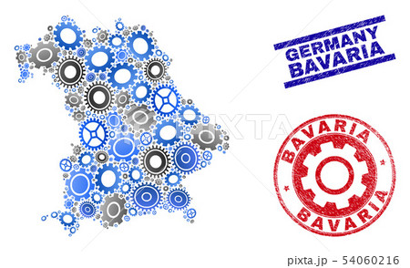 Wheel Mosaic Vector Bavaria Land Map and Grunge Stamps 54060216