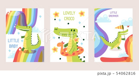 Cartoon funny crocodiles set of banners, cards vector illustration. Little baby dreamer, lovely Cartoon funny crocodiles set of banners, cards vector illustration. Little baby dreamer, lovely 54062816