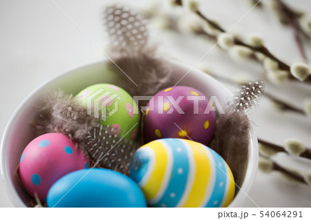 colored easter eggs and pussy willow branches 54064291