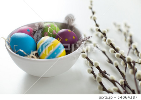 colored easter eggs and pussy willow branches 54064387