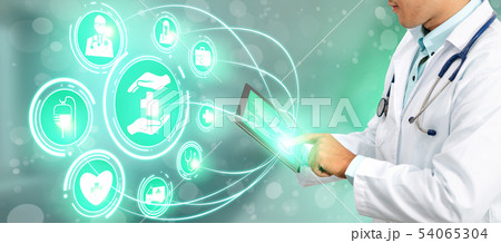 Doctor with Medical Healthcare Graphic in Hospital Doctor with Medical Healthcare Graphic in Hospital 54065304