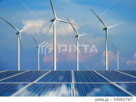 Solar panel and wind turbine farm clean energy. 54065767