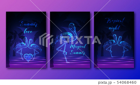 Futuristic posters set with couple of dancing flamingos, heart, palm trees and sea waves. 54068460