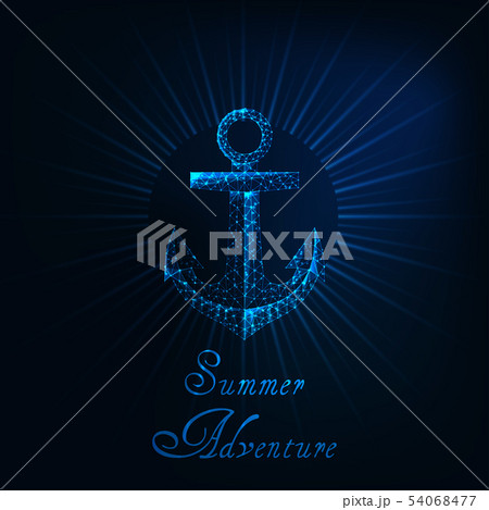 Summer adventure web banner template with glowing low polygonal anchor symbol, sun rays and text. 54068477