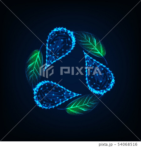 Futuristic recycle sign made of glowing low poly water drops and green leaves on dark blue. Futuristic recycle sign made of glowing low poly water drops and green leaves on dark blue. 54068516