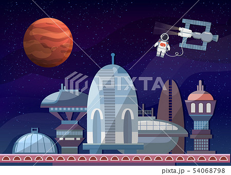 Space shuttle takes off cosmodrome, rocket from earth into space among stars. Mars planet and 54068798