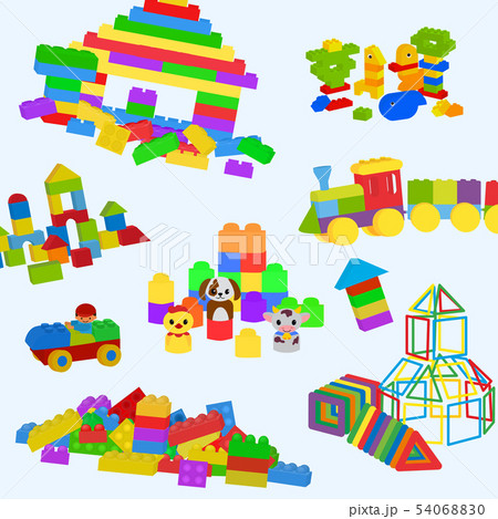 Construction toys pattern. Lego, wooden bricks and magnetic figures for preschool childrens Construction toys pattern. Lego, wooden bricks and magnetic figures for preschool childrens 54068830