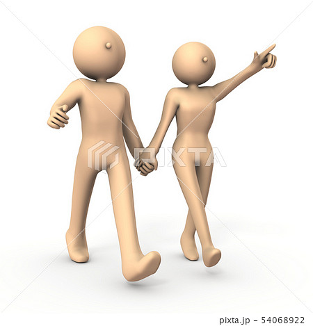 手を繋いで歩くカップルを描いたレンダリングイラストのイラスト素材
