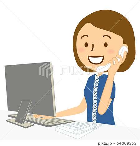 パソコン固定電話女性スーツ笑顔のイラスト素材