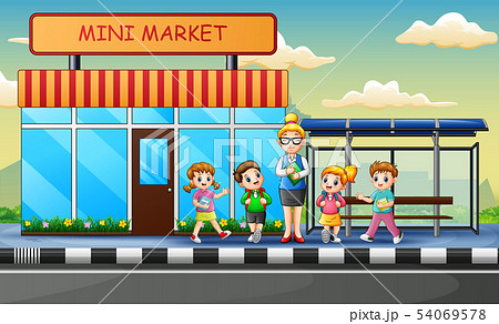 A women teacher and children waiting for the bus A women teacher and children waiting for the bus 54069578