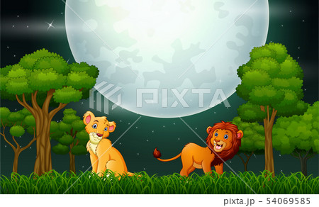 Lion cartoon roaring on the nature landscape Lion cartoon roaring on the nature landscape 54069585