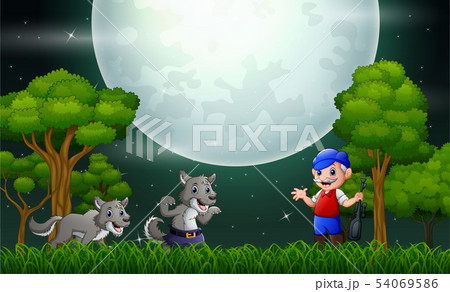 The old man with a wolfs in the forest at night 54069586