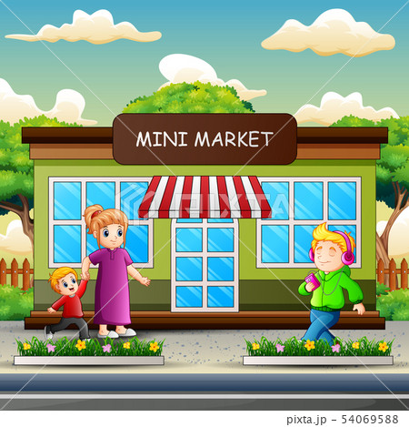 Happy people walking in front the mini market Happy people walking in front the mini market 54069588