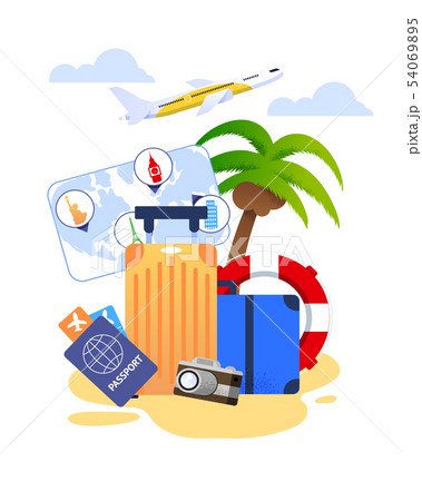 Summer Vacation Cartoon with Travel Essentials 54069895