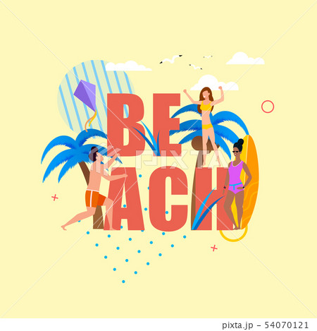 Flat Cartoon People Resting over Beach Lettering 54070121