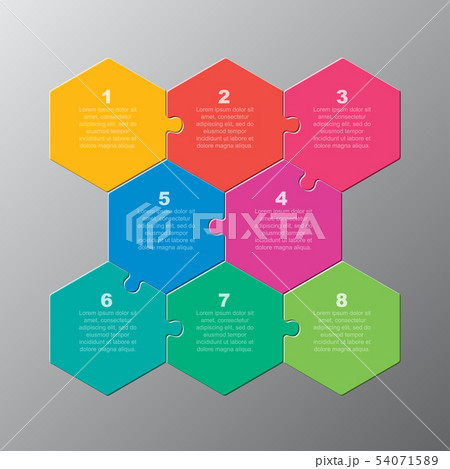 Eight pieces puzzle jigsaw hexagonal info graphic 54071589