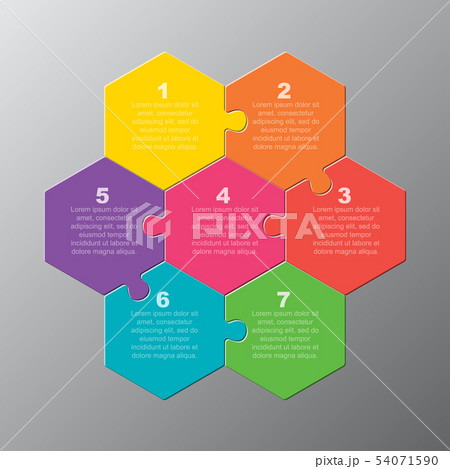 Seven pieces puzzle jigsaw hexagonal info graphic Seven pieces puzzle jigsaw hexagonal info graphic 54071590