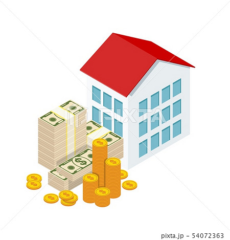Small isometric houses and money stack. Real estate concept. Small isometric houses and money stack. Real estate concept. 54072363