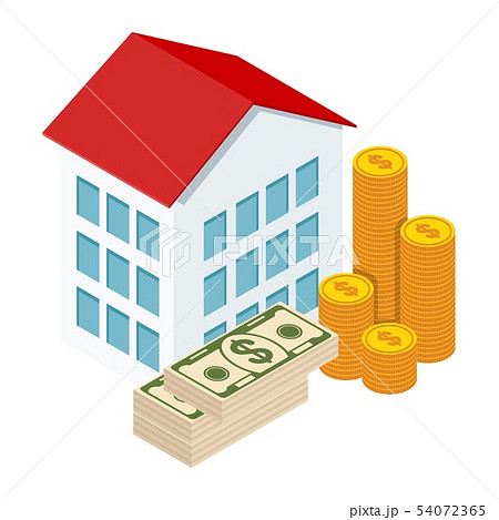 Small isometric houses and money stack. Real estate concept. 54072365