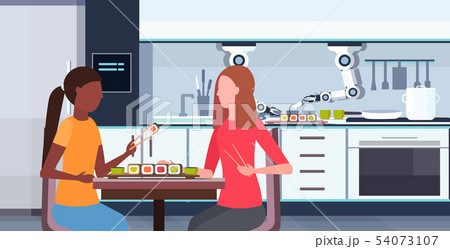 smart handy chef robot preparing sushi for mix race girls couple robotic assistant innovation 54073107