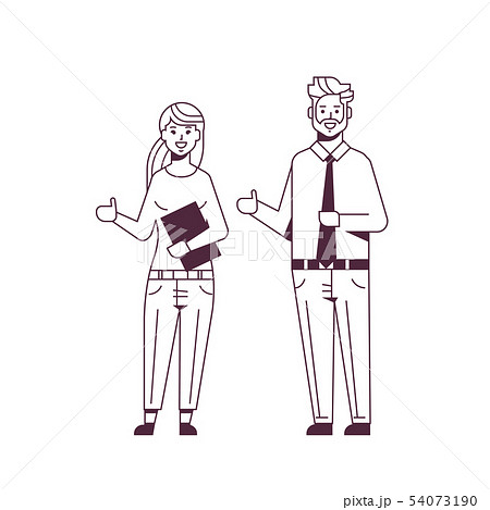 happy businesspeople man woman holding hand with thumb up gesture couple coworkers standing together happy businesspeople man woman holding hand with thumb up gesture couple coworkers standing together 54073190