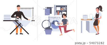 set man ironing clothes woman putting dirty clothes into washing machine doing housework different set man ironing clothes woman putting dirty clothes into washing machine doing housework different 54073282